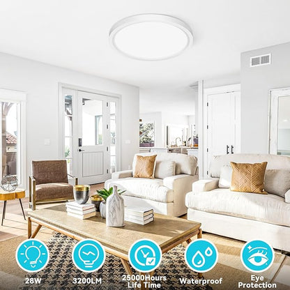 libtit 12 inch Flush Mount LED Ceiling Light Fixture, 3000K 4000K 6500K Adjustable, 28W 3200lm White Round Lighting Fixtures for Bathroom Shower Hallway Kitchen