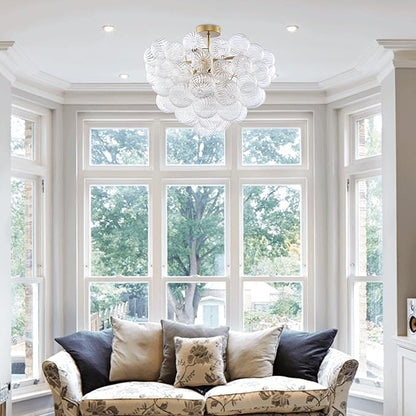 Longree Nordic Bubble Ball Swirled Glass Ceiling Lights Fixture, Dia 24 inch Gild Brass and Clear Blown Glass Small Chandelier for Bedroom Study Bathroom