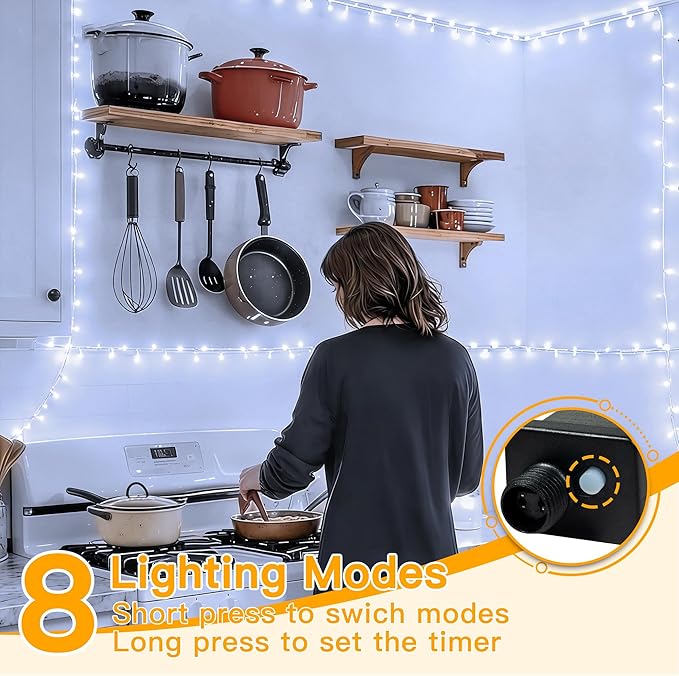 Ollny Christmas Lights 200LED 60FT Indoor, Cool White Connectable Plug in String Light Outdoor, 8 Modes Waterproof Timer LED Fairy Lights for House Outside Bedroom Patio Balcony