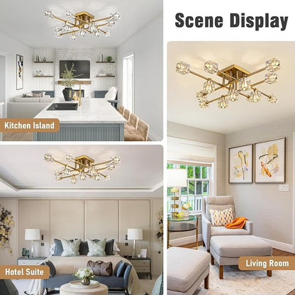 Modern Ceiling Light Fixture with 13-Lights,Gold Semi Flush Mount Ceiling Light,Crystal Sputnik Chandeleirs,Modern Ceiling Lights for Living Room,Dining Room,Kitchen Island,Bedroom