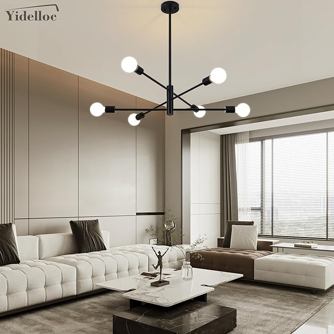 6 Lights Black Sputnik Chandeliers Modern Light Fixtures, Mid Century Chandelier Adjustable Length Pendant Light for Dining Room, Bedroom, Living Room, Kitchen, Farmhouse