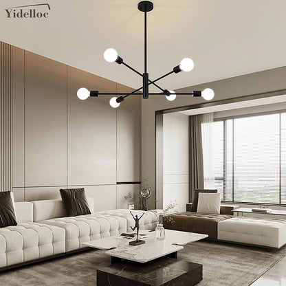 6 Lights Black Sputnik Chandeliers Modern Light Fixtures, Mid Century Chandelier Adjustable Length Pendant Light for Dining Room, Bedroom, Living Room, Kitchen, Farmhouse