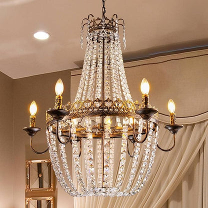 Wellmet French Empire Crystal Chandelier, 6-Light Farmhouse Antique Bronze Chandelier, Hanging Ceiling Mount Light Fixture for Dining Living Room, Bedroom, Bathroom, Kitchen Island, Hallway, 31.5" W