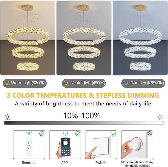 Rings LED Chandelier Modern Crystal Chandeliers Dimmable Pendant Light Fixture with Remote for Dining Room Living Room Gold