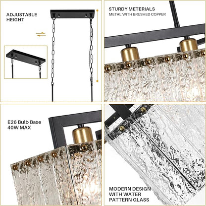 Black Crystal Chandeliers for Dining Room, 35.4" Modern Chandelier for Living Room,Water Ripple Glass Design, Adjustable Height, Rectangle Hanging Light Fixture for Living Room Kitchen Island
