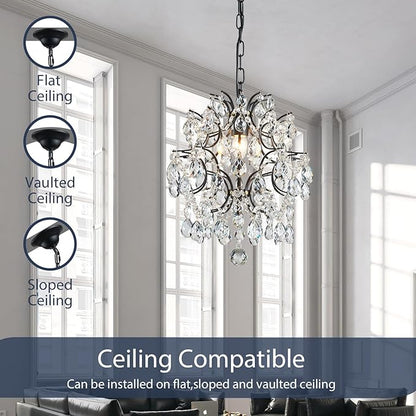 Bestier Black Modern Pendant Chandelier Crystal Raindrop Lighting Ceiling Light Fixture Lamp for Dining Room Bathroom Bedroom Livingroom entryway 1 E26 Bulbs Required D13 in x H16 in