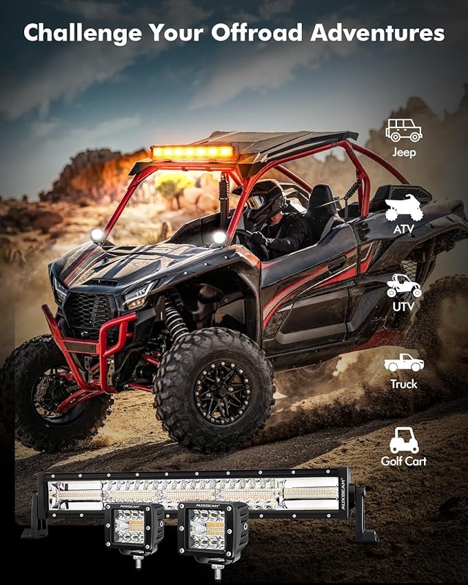 Auxbeam 6 Modes Amber White Series, 22" LED Light Bar with 3" LED Pods Combo Set, Dual Color Flashing Strobe Offroad Lights, Spot Flood Combo Cube Off Road Fog Lights, 3 Packs