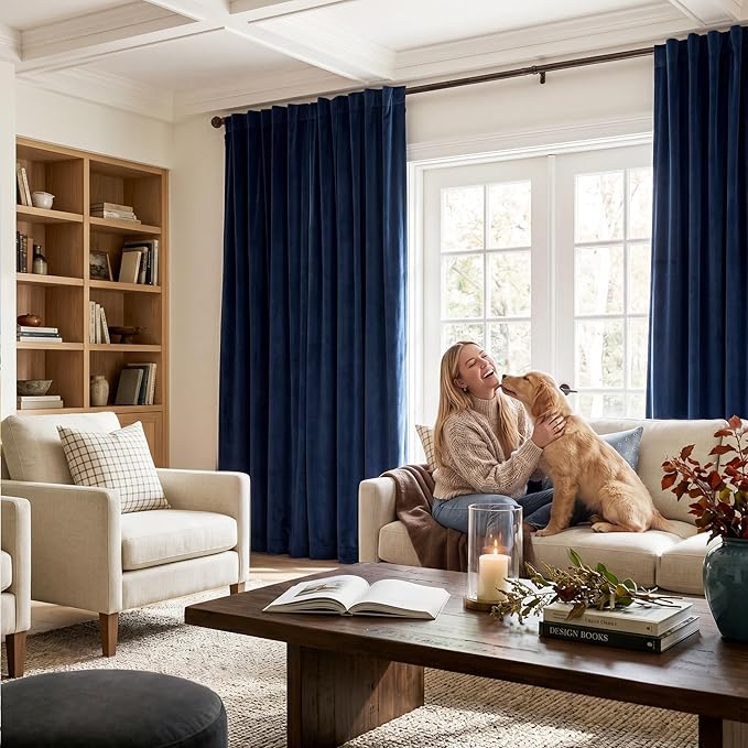 StangH Navy Blue Curtains 92 inches Long Super Soft Velvet Room Darkening Thermal Insulated Window Drapes Back Tab Luxury Decor for Dining Living Room, W52 x L92, 2 Panels