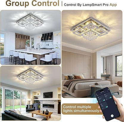 24 inch Flush Mount Chandelier Crystal Ceiling Light with Remote Control/APP,3CCT Dimmable&Brightness Adjustable, Modern Crystal Raindrop Silver Chandeliers for Bedroom Hallway Dinning Room LivingRoom