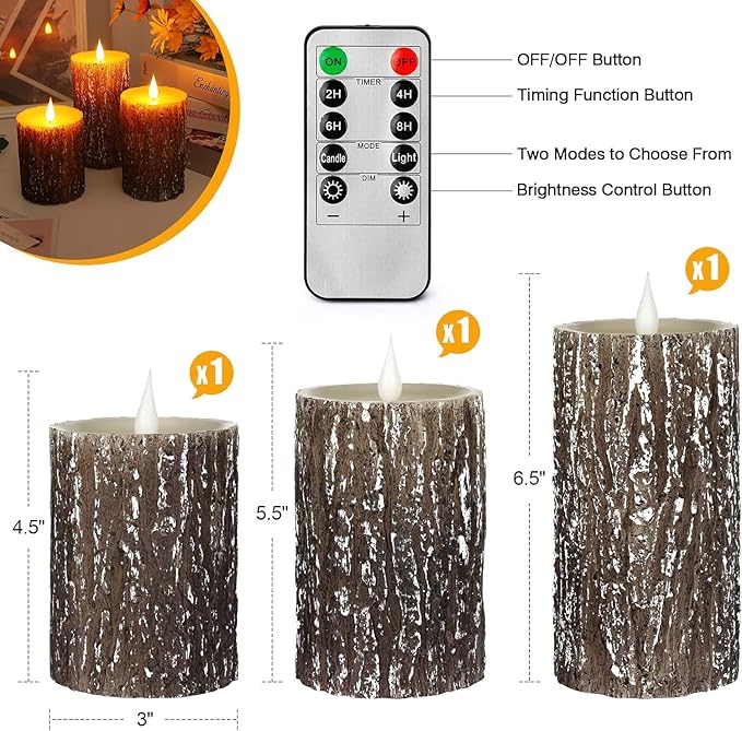 AKU TONPA Pine Bark Effect Flameless Candles Battery Operated Pillar Real Wax Flickering Electric LED Candle Sets with Remote Control Cycling 24 Hours Timer, 3" x 4" 5" 6" Pack of 3