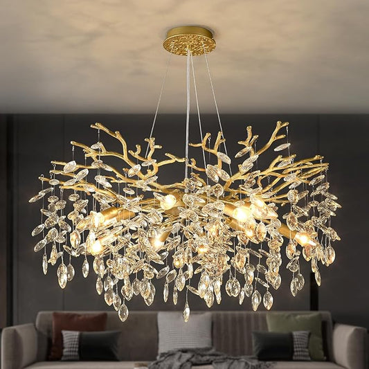 EGM Gold Tree Branch Crystal Chandelier, 32 Inch Modern Raindrop Crystal Ceiling Light Fixtures 10-Light(E12), Hanging Round Chandeliers for Dining Room Living Room Bedroom Foyer