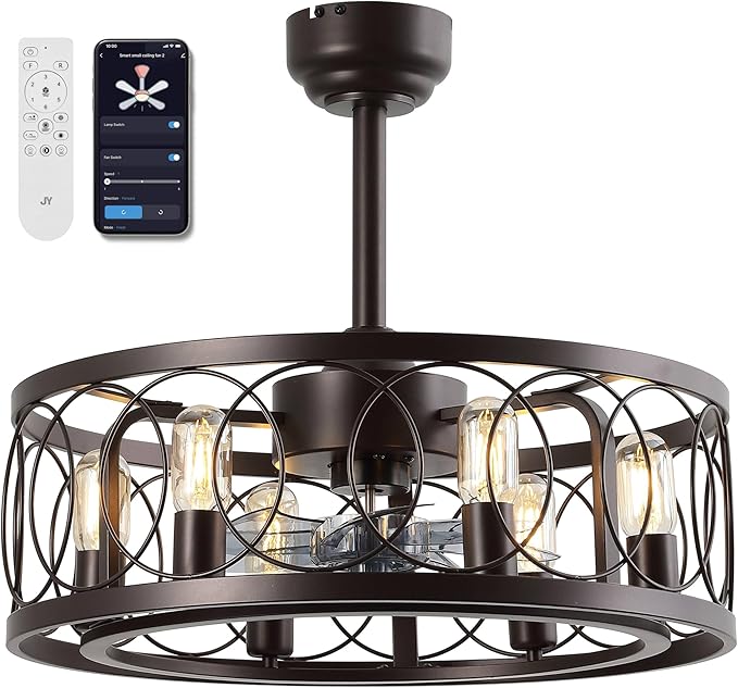 JONATHAN Y 21.6" Oil Rubbed Bronze 6-Light Caged Ceiling Fan with Lights, 6-Speed Industrial Farmhouse Flush Mount Fan with Remote and App Control, Metal Cage Shade, 6 LED Bulbs JYL9732A