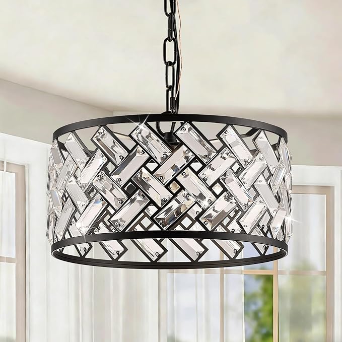 Black Crystal Chandelier, 3-Light Morden Dining Room Light Fixture,12.4" Small Round Semi Flush Mount Chandeliers for Kitchen Foryer Entryway Hallway Living Room Bedroom (ETL Listed)