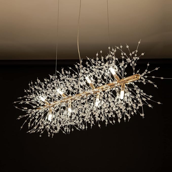 CM MZY 12-Light Crystal Firework Chandelier, Modern Dining Room Lighting Fixture, Gold Metal Finish