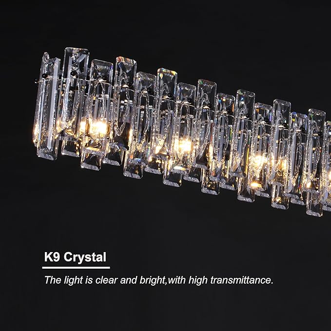 Modern Luxury Rectangular K9 Crystal Chandelier for Dining Room Living Room Kitchen Island Entryway Foyer L31.5 Easy Install Adjustable Hight 5-Light Ceiling Hanging Light Fixture Black