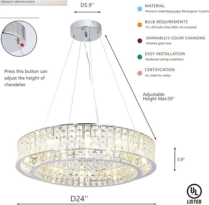 Modern Crystal Chandelier Round 12-Light Contemporary Hanging Ceiling Light Fixture Chrome Finish with Clear Rectangular Crystals Dining Room Living Room Bedroom Entryway Lighting Easy Install 24''