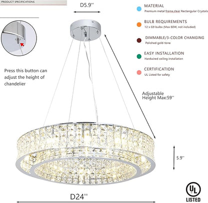 Modern Crystal Chandelier Round 12-Light Contemporary Hanging Ceiling Light Fixture Chrome Finish with Clear Rectangular Crystals Dining Room Living Room Bedroom Entryway Lighting Easy Install 24''