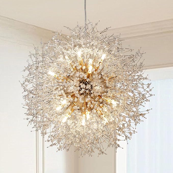 16-Light Sputnik Crystal Chandeliers Light Fixture, Modern Firework Hanging Lights, Round Gold Dandelion Pendant Lighting for Dining Room Living Room Bedroom Kitchen Island (Gold, D25.5inch)