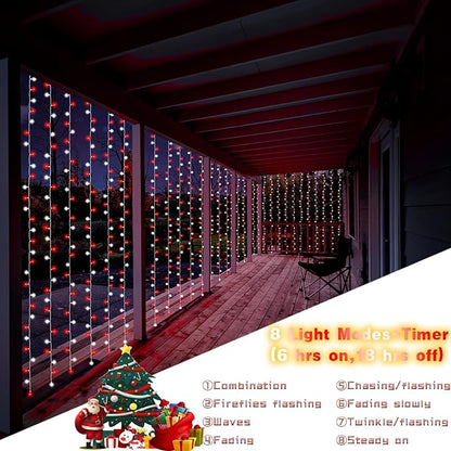 Red White Battery Curtain Lights 300LEDs Christmas Curtain Lights 9.8(L) x9.8ft(H) Christmas Lights Candy Cane Curtain Light with Remote Control 8 Modes Timer Built in for Holiday Decoration