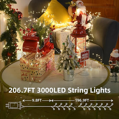 Fairy Lights Plug in 3000LED 195Ft Warm Christmas Wreath Lights with Timer Remote Waterproof Firecracker Firefly Cluster Twinkle String Light for Bedroom Graland Party Tree Decor Black Wire