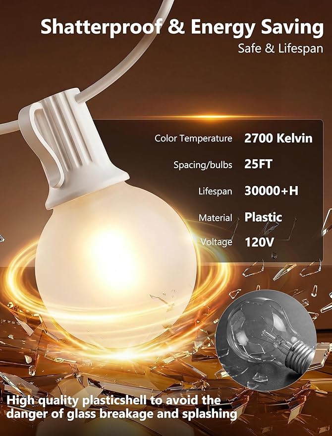 25FT G40 LED Frosted Outdoor String Lights, Globe String Lights with 27 Edison Shatterproof Bulbs(2 Spare), Decorative Lights for Bedroom Bistro Café Wedding, Warm White, White Wire