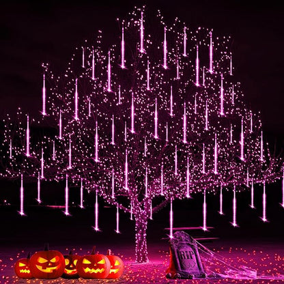 Adecorty Halloween Lights Outdoor, Purple Halloween Decorations Meteor Shower Light Christmas Lights Outdoor 8 Tubes 192 LED Falling Rain Dripping Icicle Light for Xmas Christmas Decor Party,UL Plug