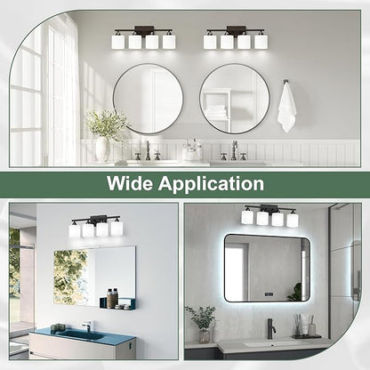 Black Bathroom Lighting Fixtures Over Mirror, 4-Light Anti-Rust Vanity Light for Bathroom, 24Inches Modern Wall Sconce, Standard E26 Base, Milky White Glass Shades, Bulbs Not Included