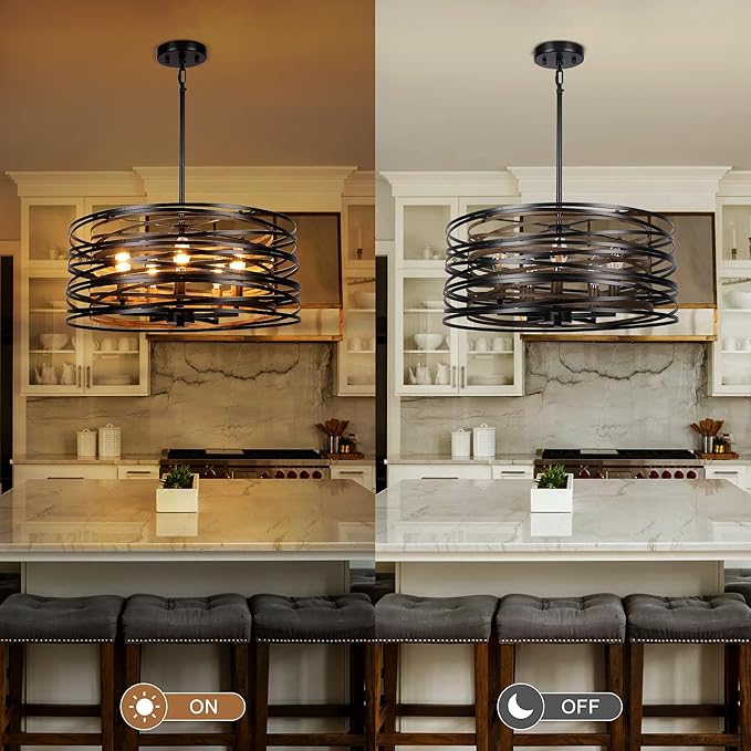 Sigaitwei 5-Light Drum Chandelier for Dining Room，19.7" Rustic Farmhouse Dining Room Light Fixture，Wood Grain and Vintage Black Metal Chandeliers for Kitchen Entryway Living Room