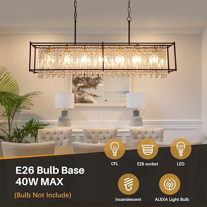 Crystal Chandeliers for Dining Room,50IN Modern Black Chandelier for Living Room, Adjustable Height, 7-Light Pendant Light Fixture,Rectangle Lighting for Kitchen Island Living Room