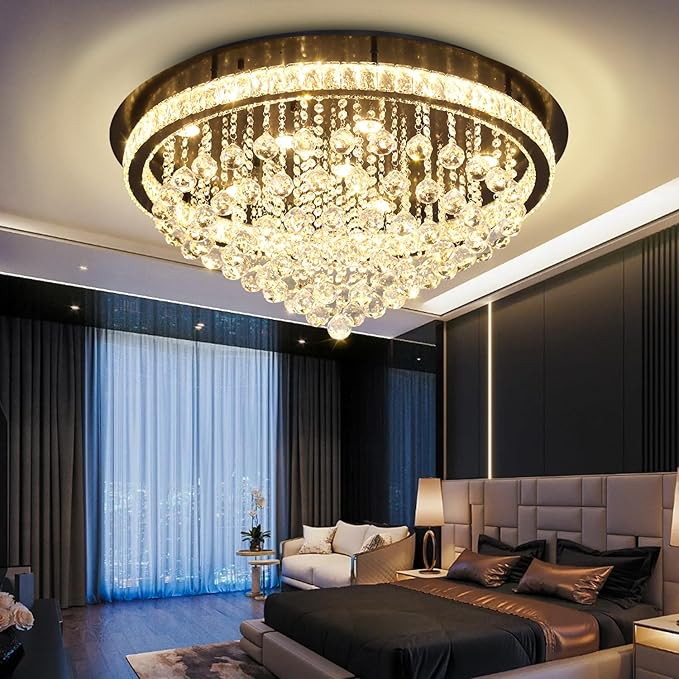 Dia 32" Modern Crystal Chandeliers for Dining Room,Black Raindrop Chandelier Flush Mount Chandeliers for Living Room Bedrooms Dining Room Dimmable 2700k 4500k 6000k