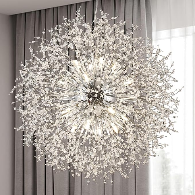 Modern Crystal Chandelier, 24-Light Firework Pendant Crystal Chandelier Chrome, 39.3" Large Dandelion Ceiling Light Fixture for Living Room Foyer Hallway