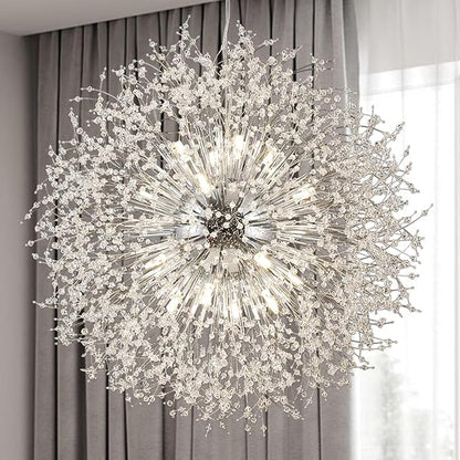 Modern Crystal Chandelier, 24-Light Firework Pendant Crystal Chandelier Chrome, 39.3" Large Dandelion Ceiling Light Fixture for Living Room Foyer Hallway