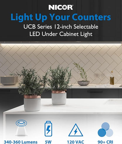 12” LED Direct Wire Under Cabinet Light - Dimmable Undercounter LED Lights for Kitchen - Selectable CCT 2700K-5000K, 340-360 Lumens, 5W - UCB Series Hardwired Under Cabinet Lighting by NICOR Lighting
