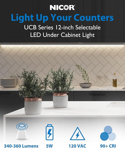 12” LED Direct Wire Under Cabinet Light - Dimmable Undercounter LED Lights for Kitchen - Selectable CCT 2700K-5000K, 340-360 Lumens, 5W - UCB Series Hardwired Under Cabinet Lighting by NICOR Lighting