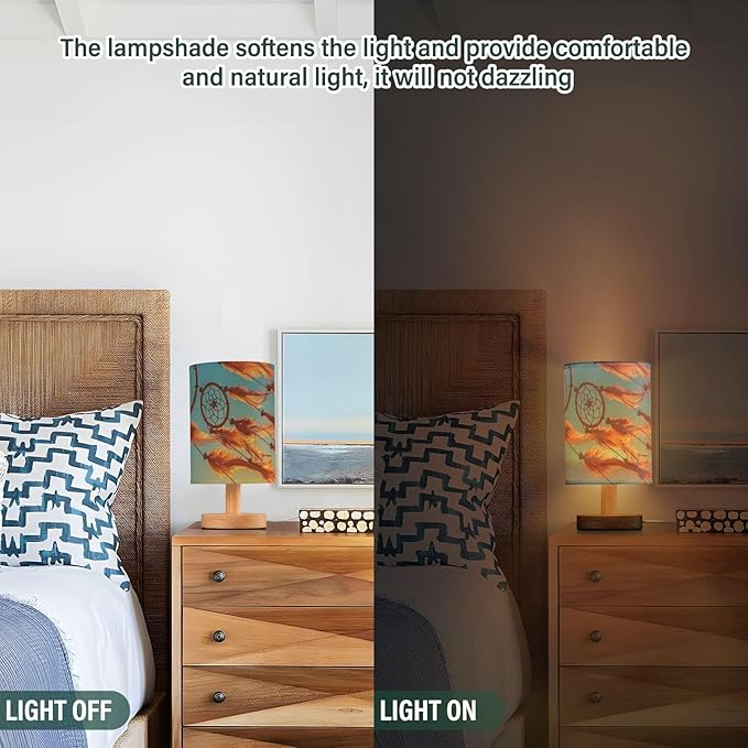 Table Lamp Dream Catcher Sunset Sky Boho Chic Dreamcatcher Ethnic Tribal Nightstand Lamp with Wood Base Fabric Lamp Shade Bedside Desk Lamp for Living Room Bedroom Kids Room Office