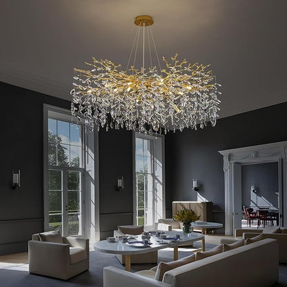 Crystal Tree Branches Chandeliers Round Raindrop Pendant Light Fixture 15 Lights for Dining Room Bedroom Living Room Entryway 39.5" Gold
