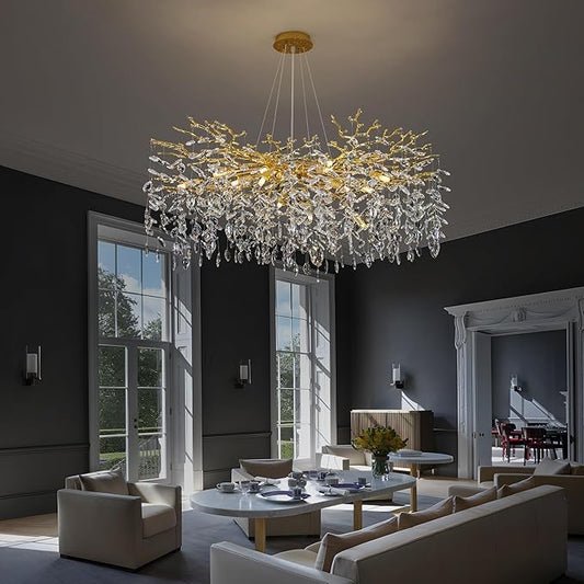 Crystal Tree Branches Chandeliers Round Raindrop Pendant Light Fixture 15 Lights for Dining Room Bedroom Living Room Entryway 39.5" Gold