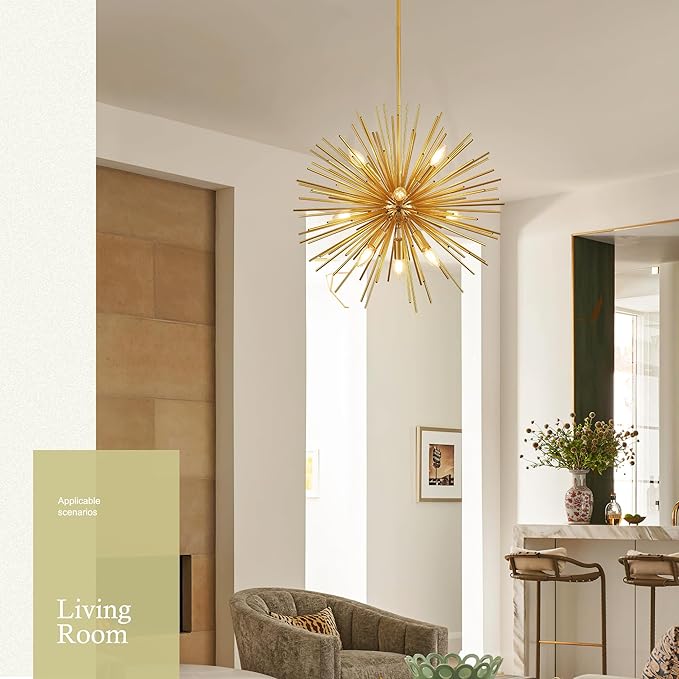 24" Gold Sputnik Chandelier 9-Light, Mid Century Modern Starburst Ceiling Light with Adjustable Chain, Industrial Globe Pendant Light Fixture for Dining Room Kitchen Island Living Room Foyer Entryway