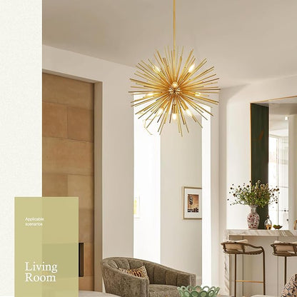 24" Gold Sputnik Chandelier 9-Light, Mid Century Modern Starburst Ceiling Light with Adjustable Chain, Industrial Globe Pendant Light Fixture for Dining Room Kitchen Island Living Room Foyer Entryway