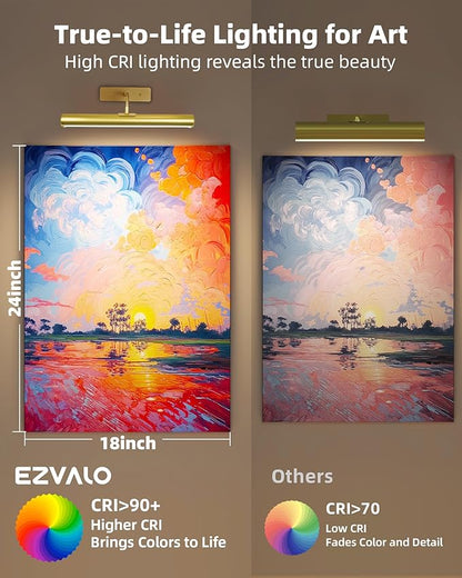 EZVALO Picture Light for Wall, ⁠13-Inch Wireless Rechargeable 4000mAh LED Art Light with Remote, Dimmable 3 Color Temps, Battery Operated Wall Light for Living Room, Bedroom, Gallery (Gold, 2 Pack)