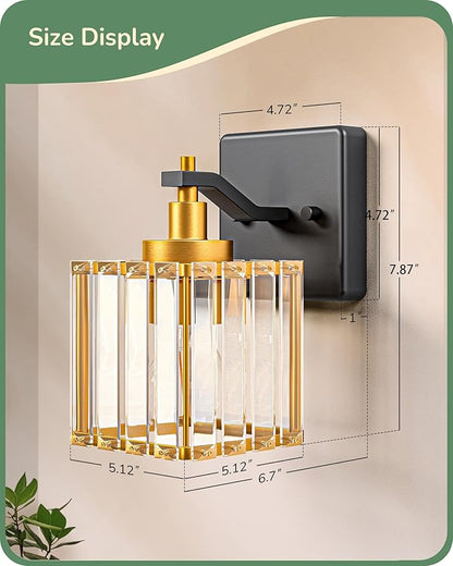 EDISHINE Wall Sconces Set of Two, Bathroom Light Fixtures with Crystal Shade, Modern Vanity Lights, Black Gold Lighting Fixtures Over Mirror, Indoor Wall Lamp, E26 Base