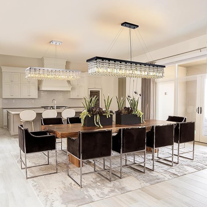 7PM Rectangle K9 Crystal Chandelier, 13-Light Modern Dining Room Linear Ceiling Chandelier, Rectangular Pendant Lighting Fixture for Kitchen Island Bedroom, Black Finish L59'' x W10'' x H9''