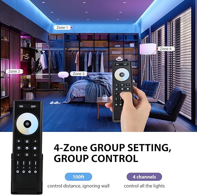 RC02RFB RF Remoter, 4-Zone 2.4G Handheld RF Remote Control Compatible with CCT LED Controller, 99ft Wireless Control 4 Channel Group Control for Home CCT LED Strip Lights