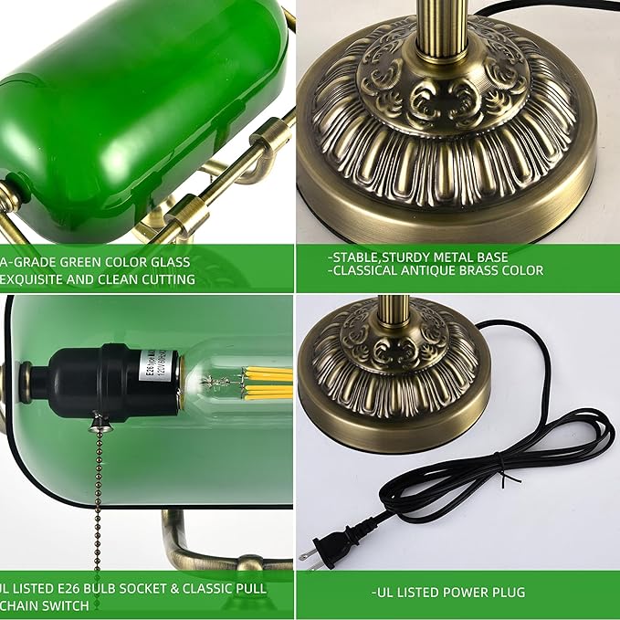 Bankers Desk Lamp with USB-A Charging Port, Vintage Green Glass Desk Lamp with Pull Chain, Antique Brass Banker's Desk Lamp for Home Office Library