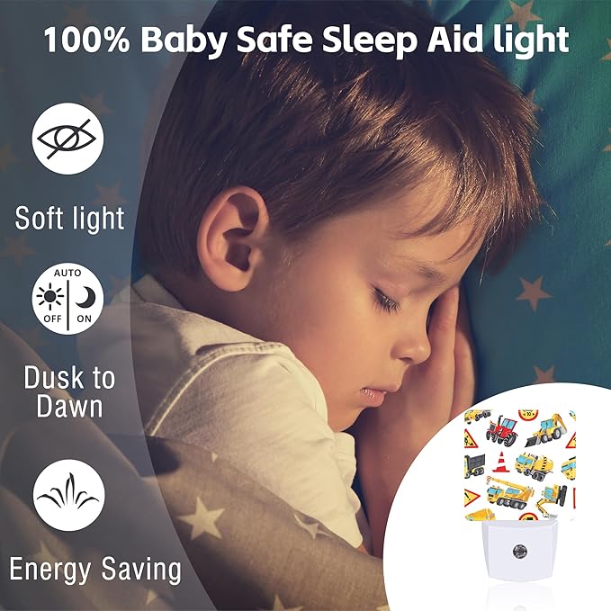Cartoon Construction Vehicles Building Machines Night Light for Kids,Colorful Trucks Cars and Road Signs Night Light Plug in with Dusk to Dawn Sensor,0.5w Energy Saving Nightlight for Home Decor