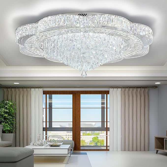 Modern Crystal Chandelier for Living Room 40in Chrome Crystal Raindrop Ceiling Light for Room Bedroom LED Dimmable 3000-6000K