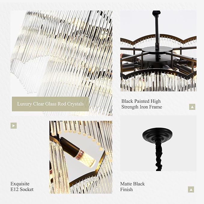 27.75" Black Clear Glass Crystal Chandelier 14-Light Modern Crystal Pendant Ceiling Light Fixture 4-Tier Luxury Glass Chandeliers,for Dining Room Kitchen Island Living Room Bedroom