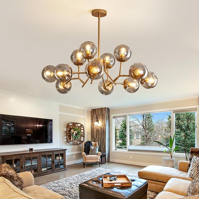 UOFUS 12-Light Glass Globe Sputnik Chandelier Mid-Century Modern Matte Gold Ceiling Light Fixture Vintage Hanging Pendant Light for Bedroom Living Room Kitchen Farmhouse Dining Room