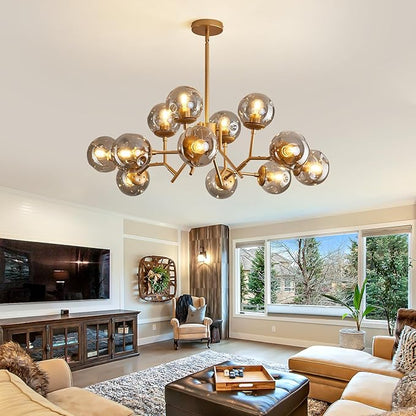 UOFUS 12-Light Glass Globe Sputnik Chandelier Mid-Century Modern Matte Gold Ceiling Light Fixture Vintage Hanging Pendant Light for Bedroom Living Room Kitchen Farmhouse Dining Room
