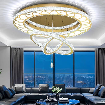Flashing God Dia 32" Modern Crystal Chandeliers Dimmable Round Chandelier 3 Rings Flush Mount Crystal Ceiling Light for Living Room Dining Room Bedroom Gold